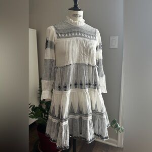 Zara Embroidered Ethno White and Black Long Sleeve Mini Dress COTTON XS